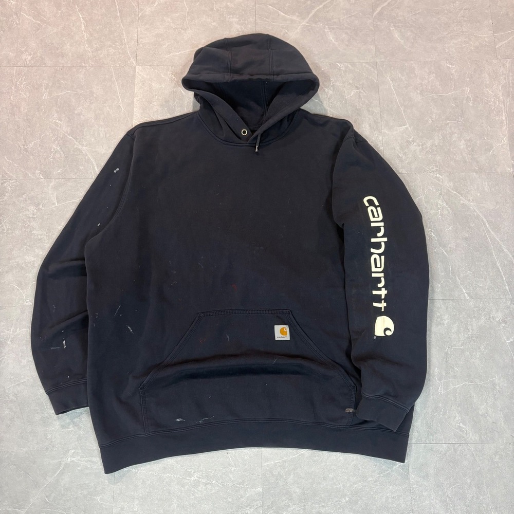 Carhartt Mens 2XL Tall Loose Fit Sleeve Logo Hoodie Black Workwear Sweatshirt